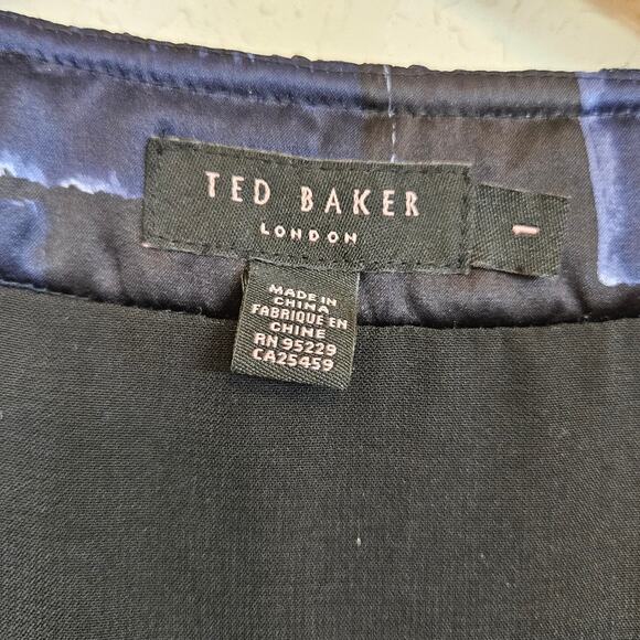 Ted Baker Silk V Neck Sheath Dress Black Blue Print Womens 4 - Picture 8 of 11